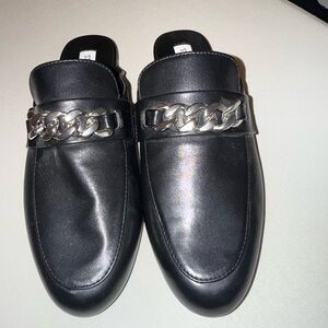 Women Black Leather Loafers with Chain Detail
